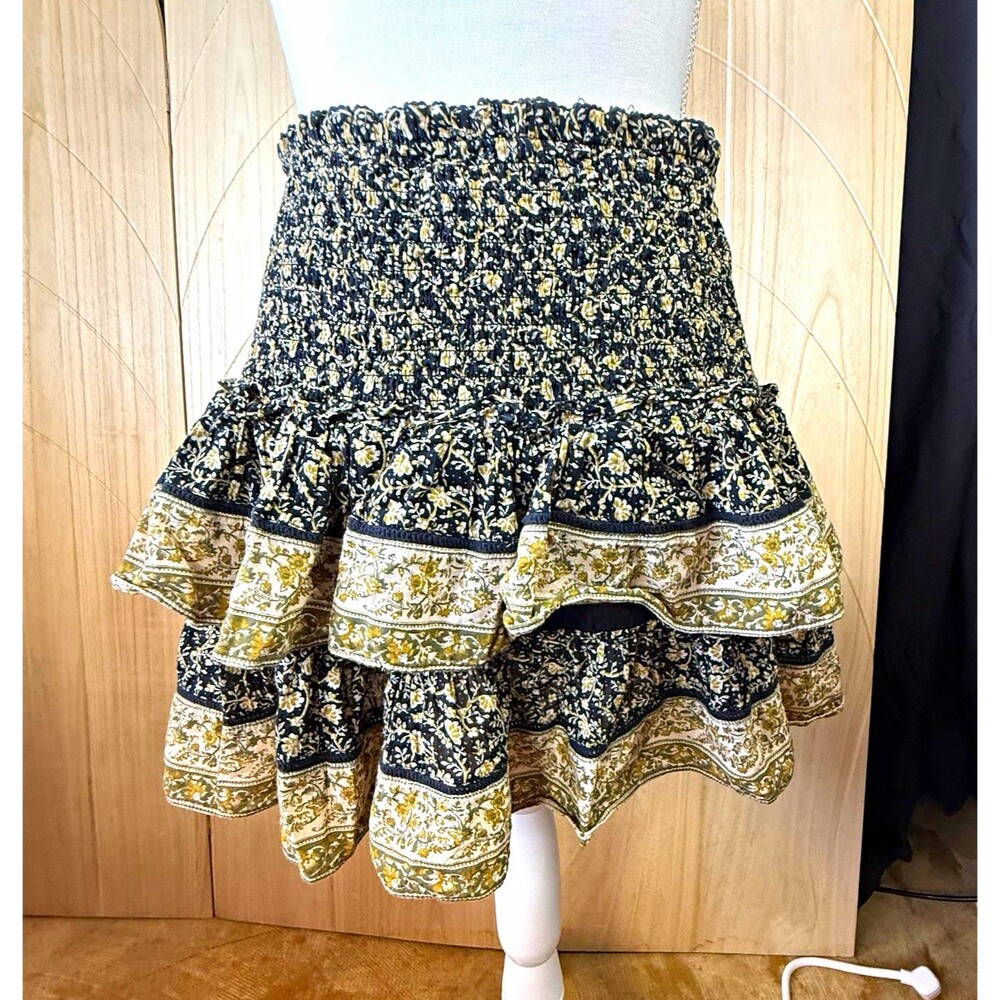 American Eagle Black Olive Floral Smocked Tiered Ruffle Mini Skirt Whimsigoth L
